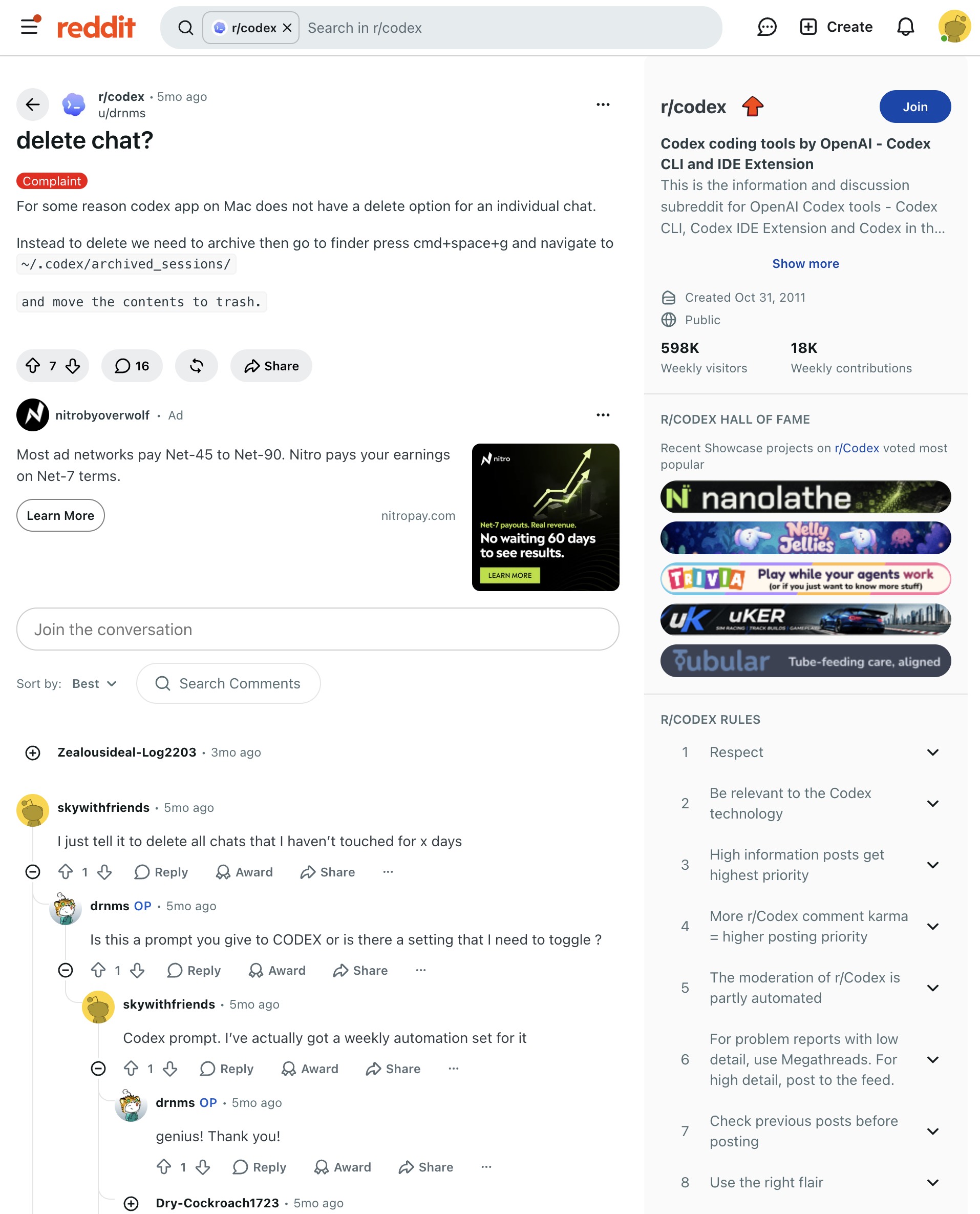 Discussion Reddit sur la suppression des chats Codex