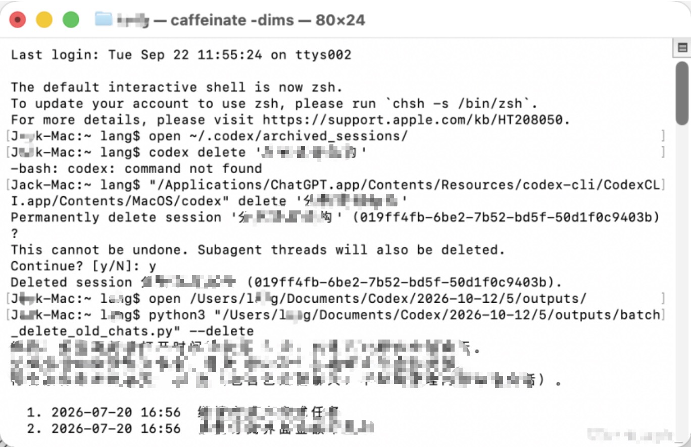 Terminal avec une commande de suppression Codex