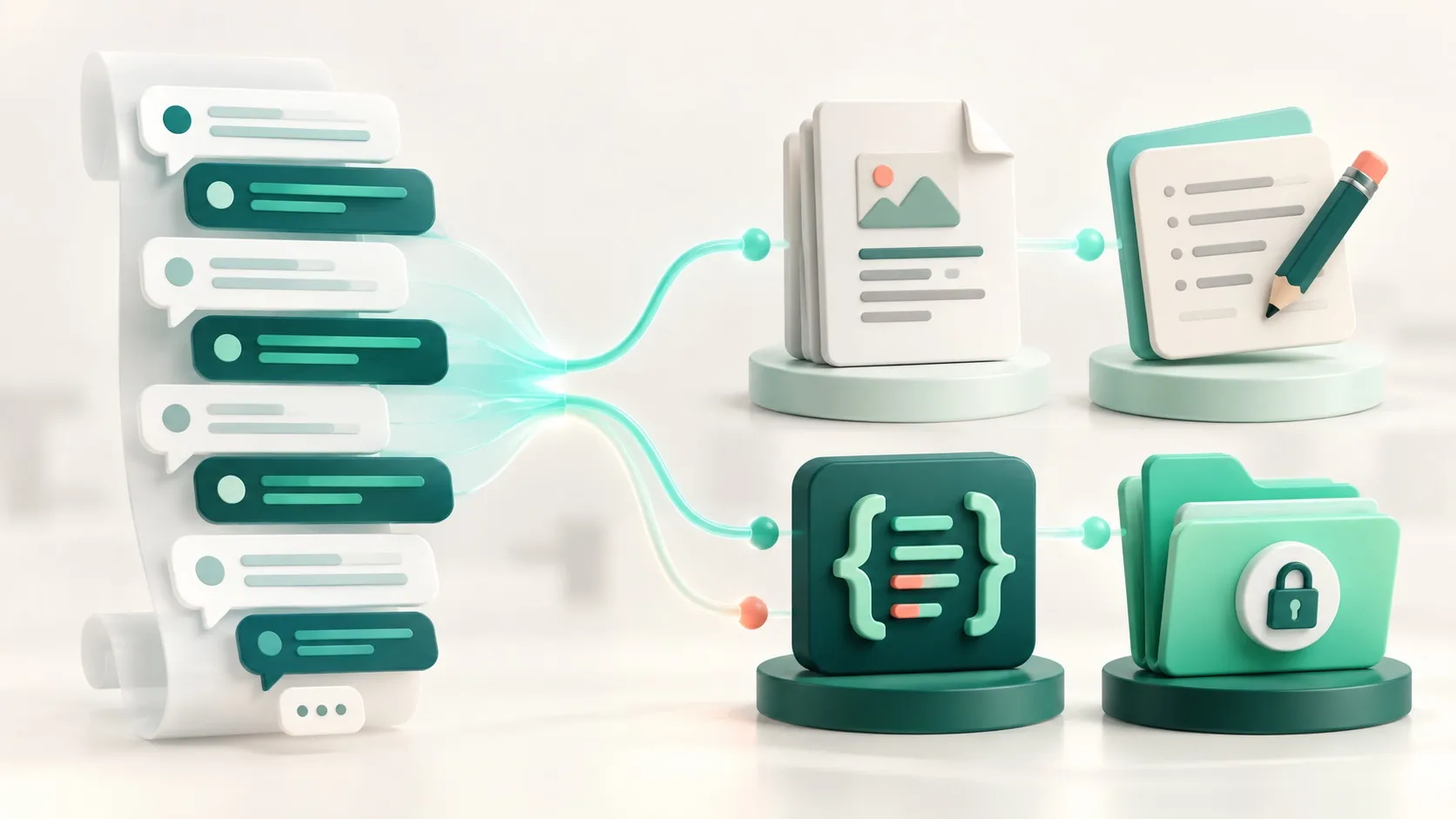 AI conversations flowing into documents, editable notes, structured data and a secure archive