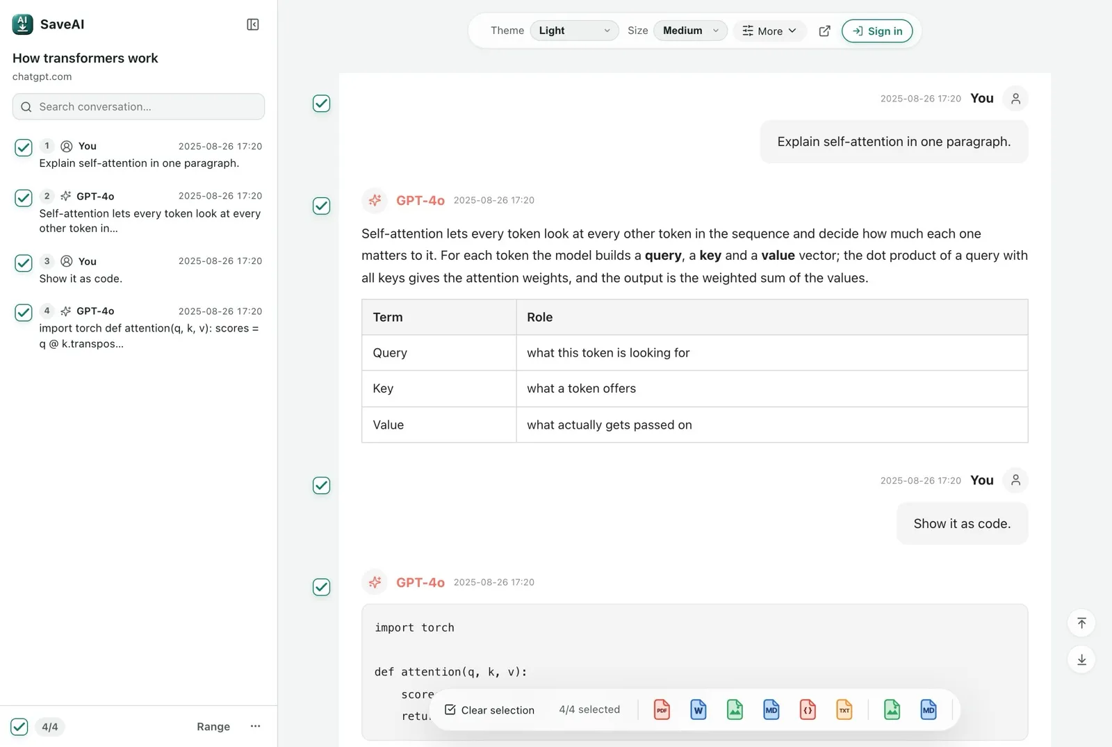 SaveAI's export preview: the conversation shown as a list of messages, each with a checkbox, so specific messages can be included or excluded before saving