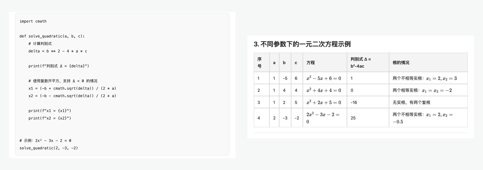 A Python code block and a data table in a SaveAI PDF export: every code line wraps inside the page width and the table keeps all four rows