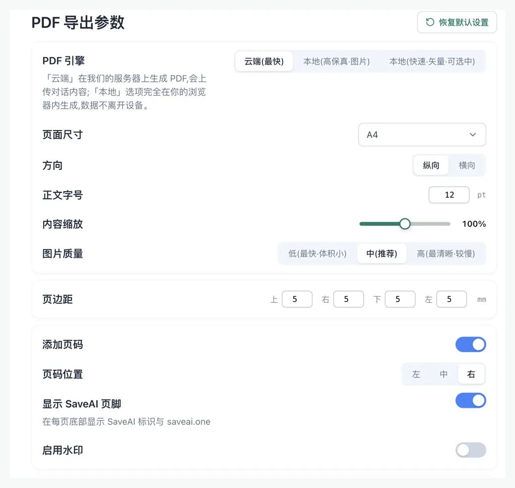 SaveAI 的 PDF 匯出設定:引擎(雲端或本機)、紙張尺寸、方向、內文字級、內容縮放、圖片品質、四邊頁邊距、頁碼及其位置、每頁頁尾,以及選用的浮水印