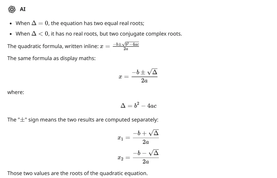 Inline and display maths typeset in a SaveAI PDF export: the quadratic formula inside a sentence and as centred display equations