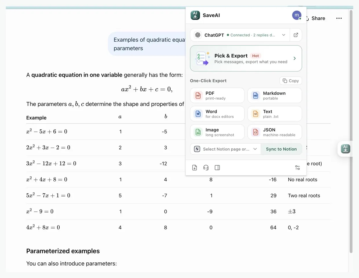 The SaveAI extension popup open on a ChatGPT conversation, offering PDF, Markdown, Word, TXT, long screenshot and JSON export