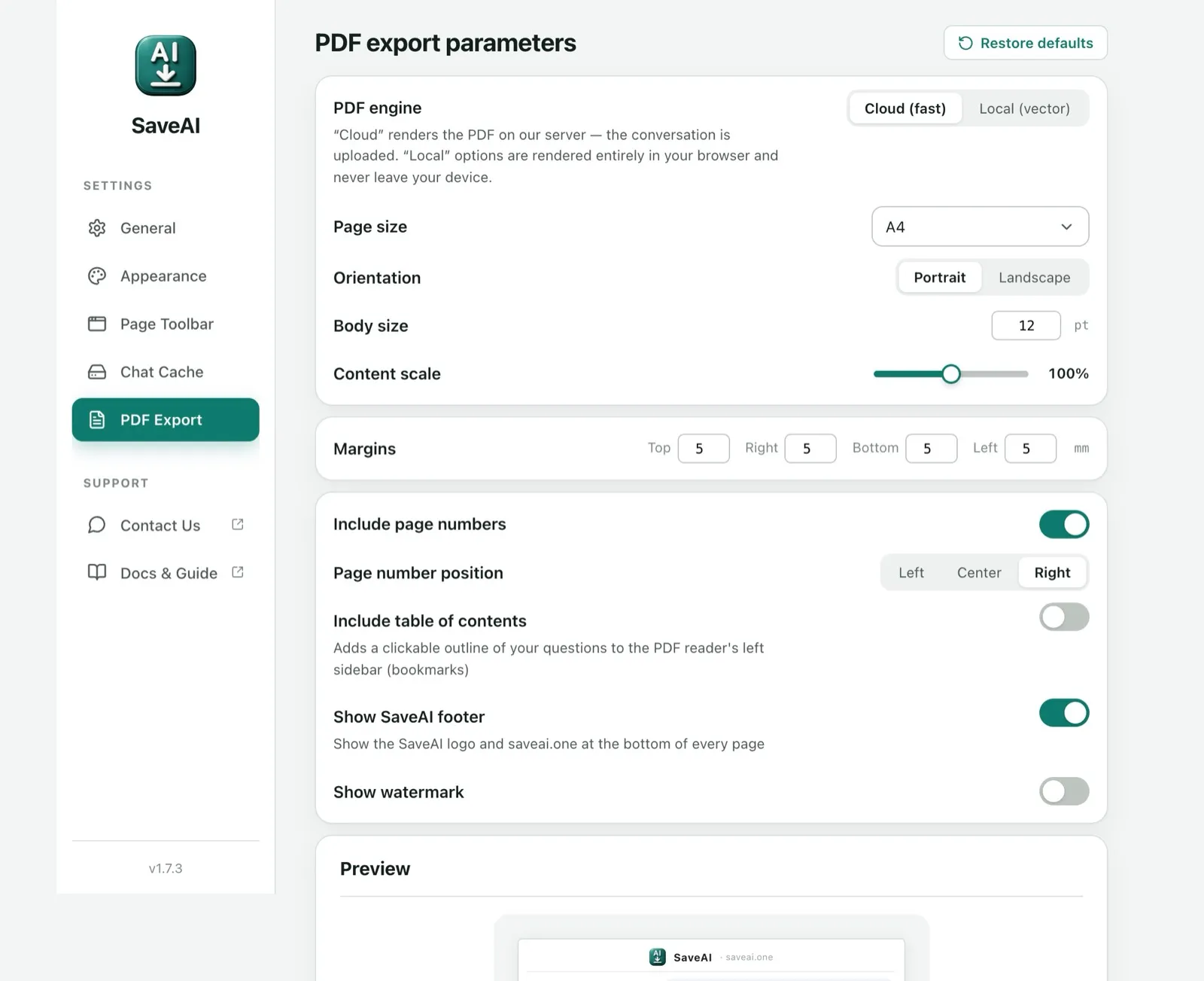 The extension’s PDF Export settings: engine, page size, margins, page numbers, table of contents, footer and watermark