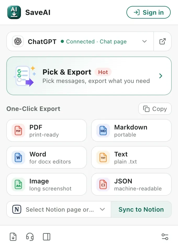 The SaveAI popup on a ChatGPT conversation: Pick & Export at the top, then the one-click format grid